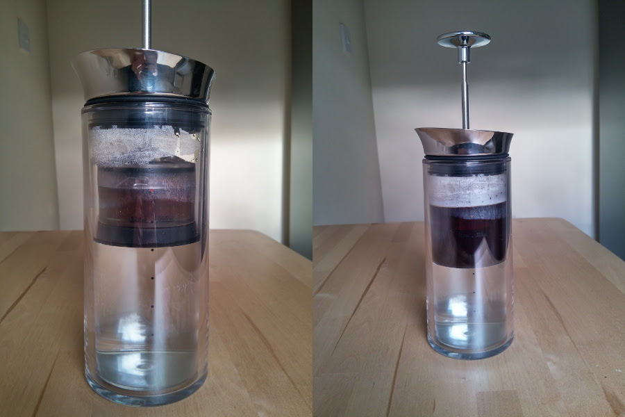 Left: pre-infusing the coffee grounds. Right: pressing the coffee through the pod
