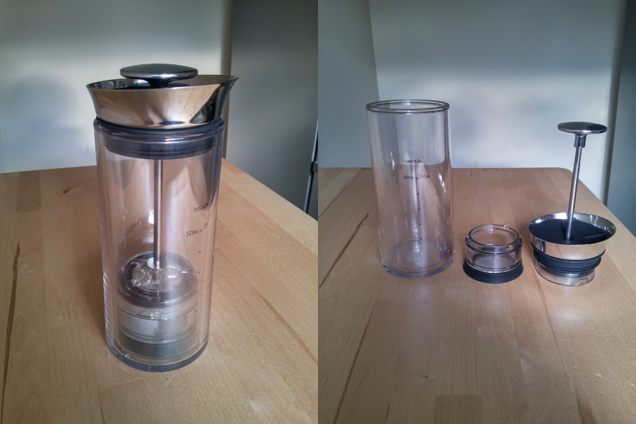 Left: the assembled American press. Right: separated into the main three parts: carafe, pod, and press