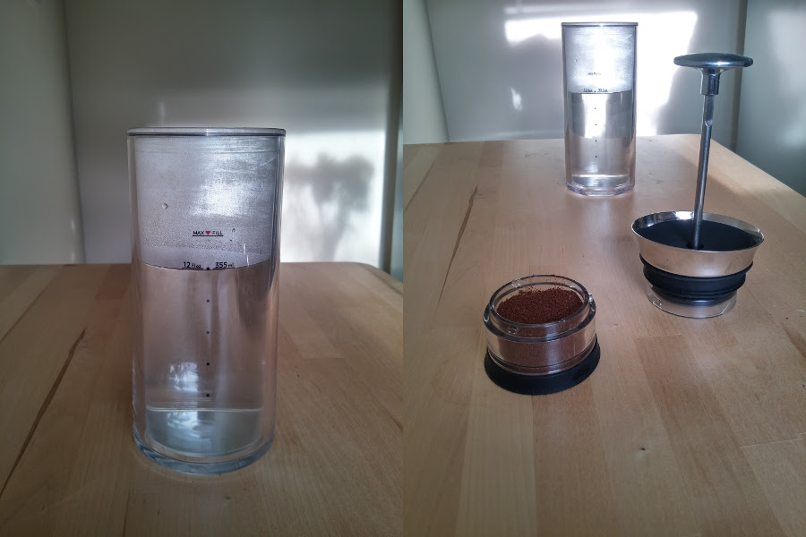 Left: the carafe filled with water. Right: the American Press pod with coffee grounds