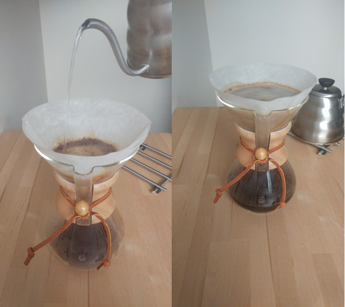 Left: spiralling water outwards. Right: filled Chemex waiting to filter